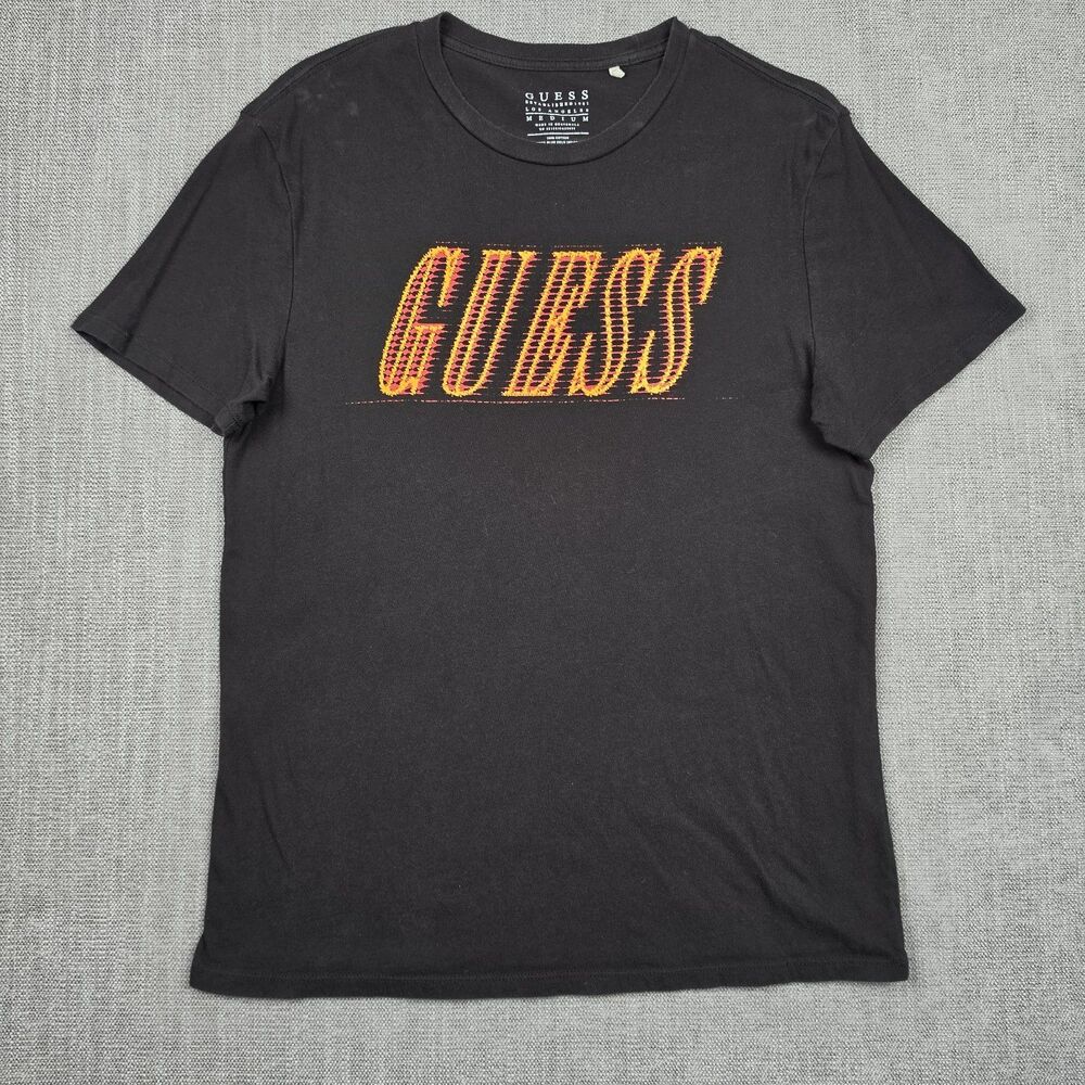 GUESS Mens Graphic T Shirt Medium Black Orange Yellow Spellout Logo Short Sleeve